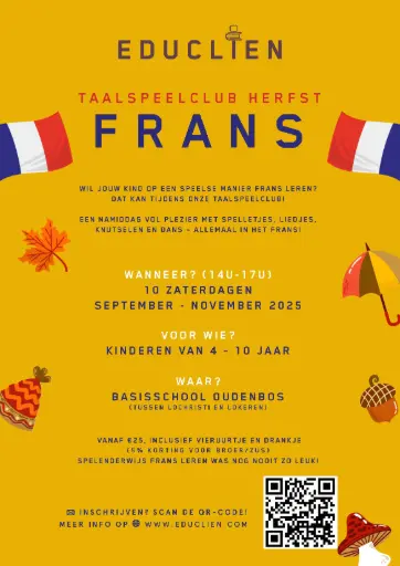 TaalSpeelClub Herfst: 10 namiddagen 14u-17u: 06/09/2025, 13/09/2025, 20/09/2025, 27/09/2025, 04/10/2025, 11/10/2025, 18/10/2025, 15/11/2025, 22/11/2025, 27/11/2025
